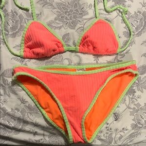 Vibrant Pink/Orange Bikini Set with Neon Green Trim